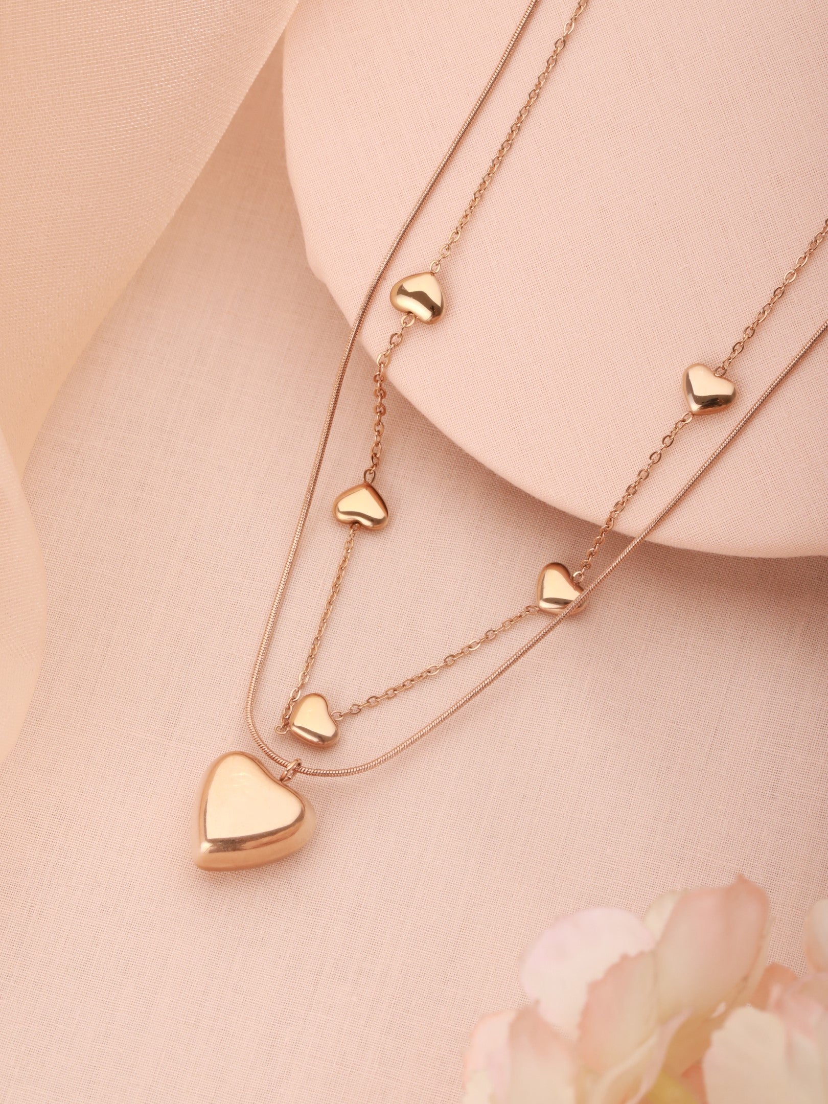 Rose Gold Heart Stack Necklace-18K Gold Plated